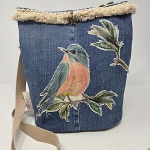 Handcrafted Upcycled Denim Bird Wildlife Tote HandBag Purse Adjustable Crossbody